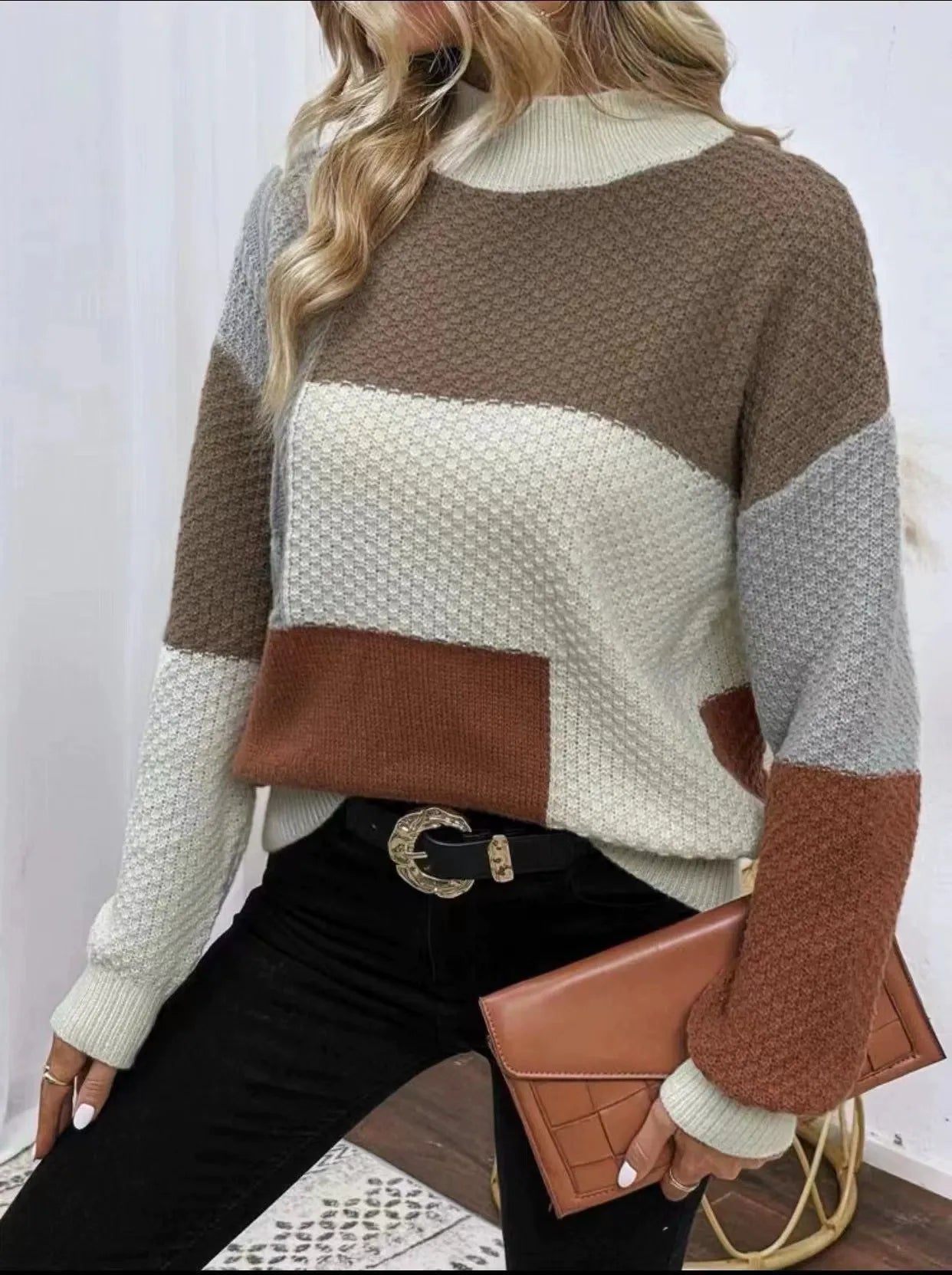 Sherly Women’s Pullover Sweatshirt – Patchwork Textured Knit