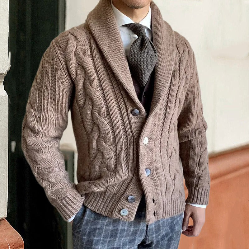 Martin Men’s Cable Knit Cardigan – Shawl Lapel Knitted Sweater