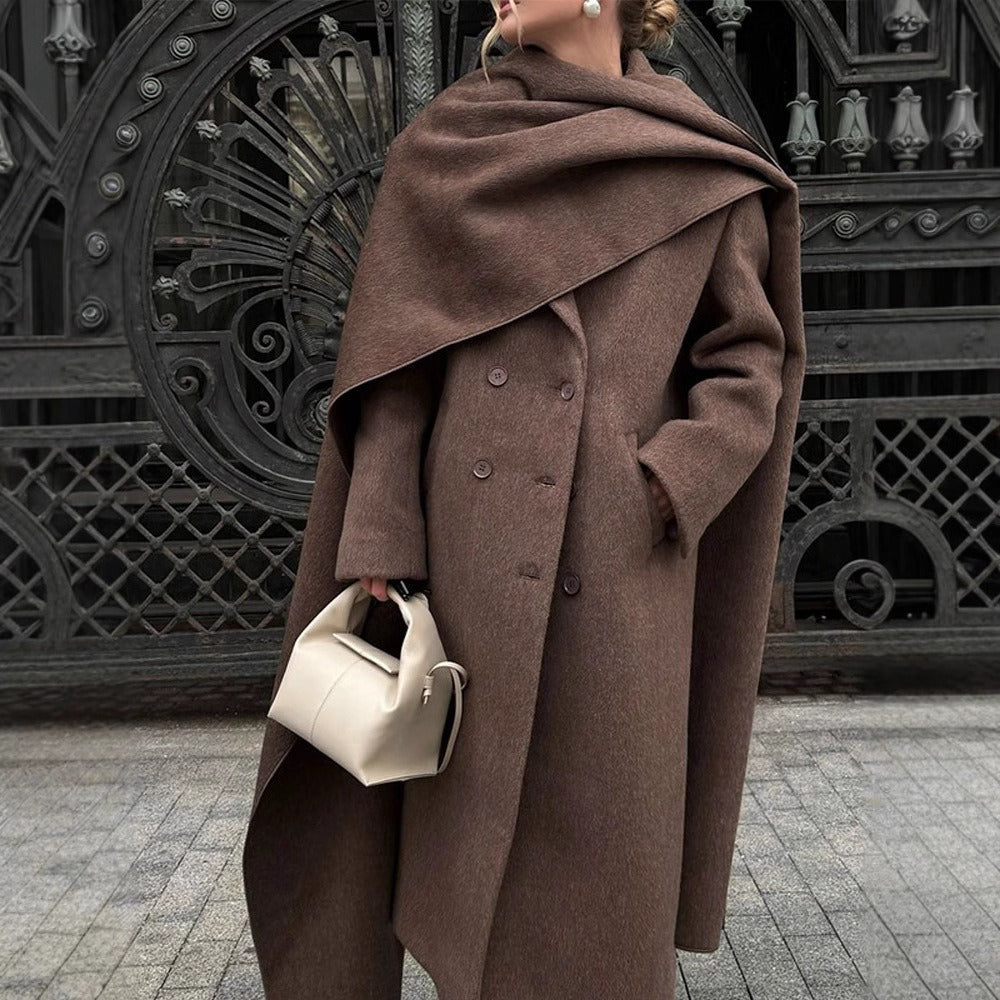 Meadow Women’s Wool Coat – Double-Breasted Longline with Scarf Cape Detail