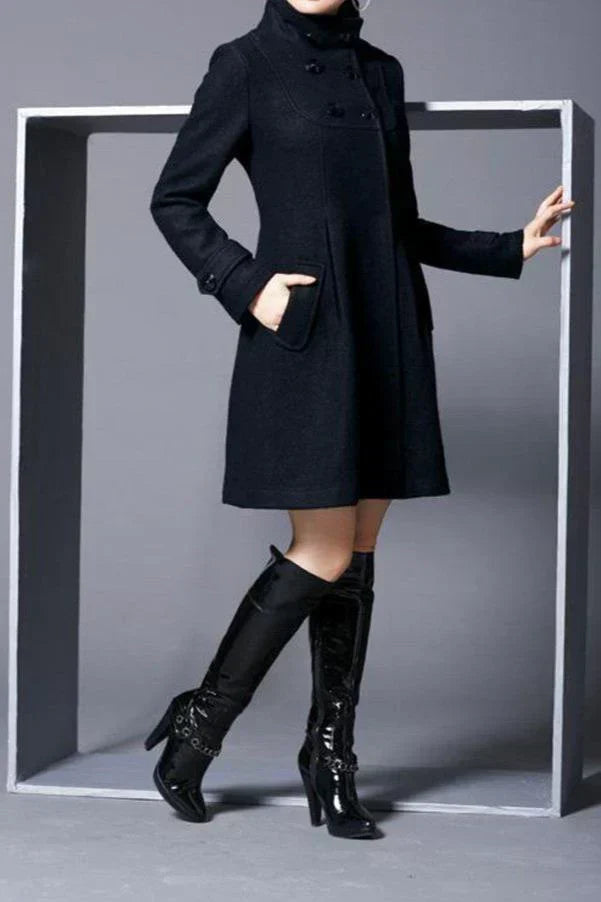 Claudia Women’s Hooded Wool Coat – Double-Breasted Trench Coat