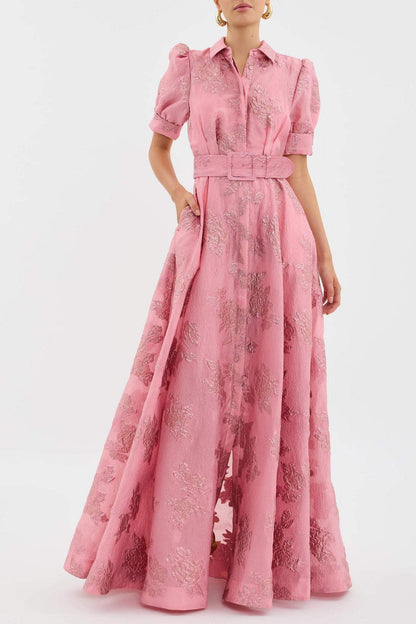 Sylvie Women’s Floral Maxi Dress – Belted Waist with Elegant Short Sleeves
