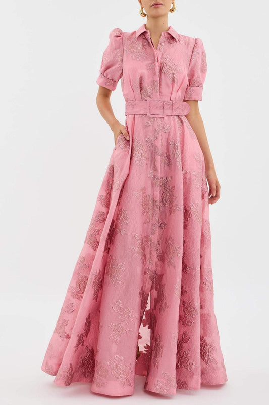 Sylvie Women’s Floral Maxi Dress – Belted Waist with Elegant Short Sleeves