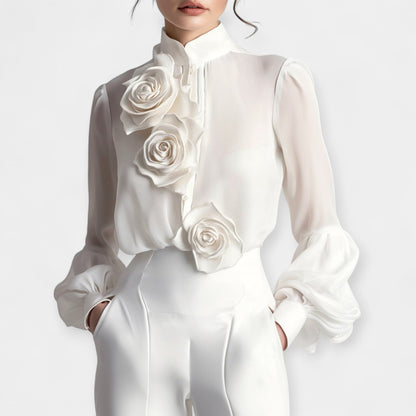 Althea Chiffon Blouse – 3D Rose Detail & Relaxed Fit