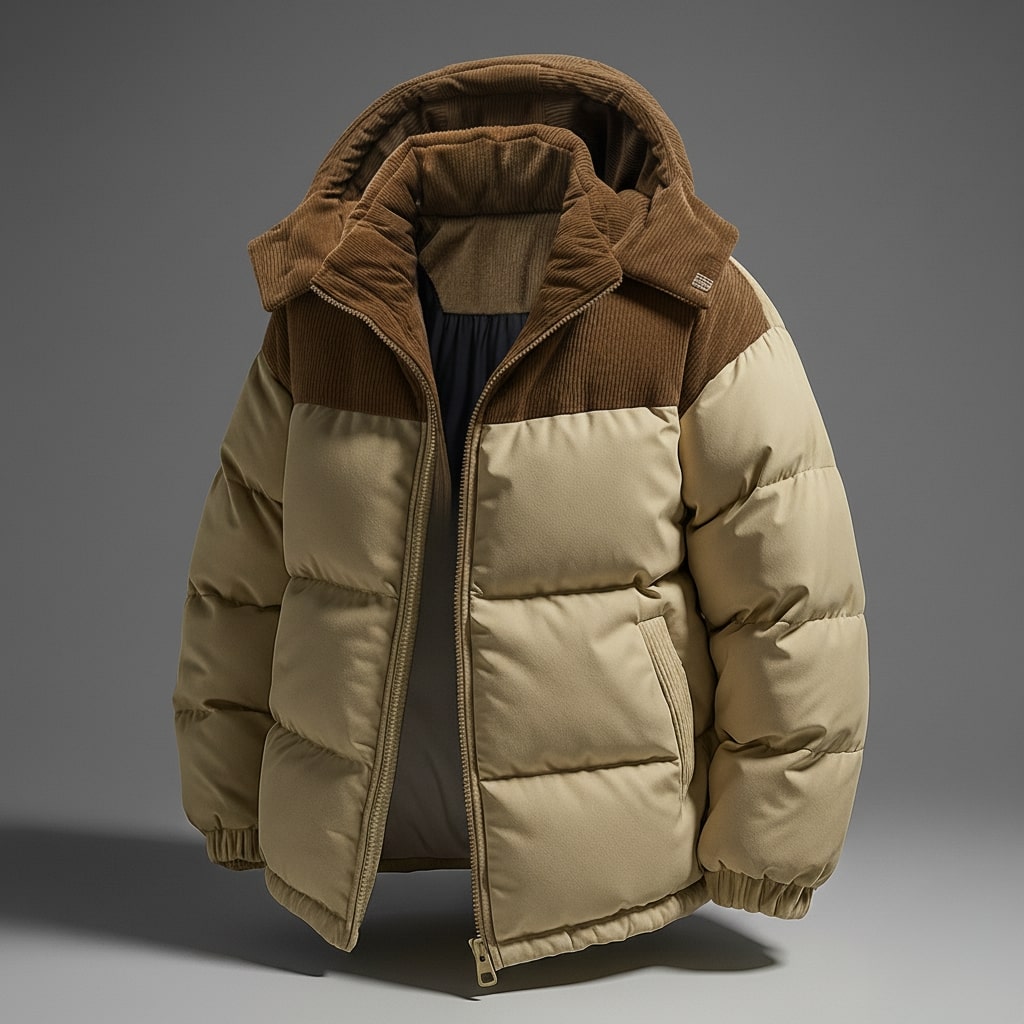 Matteo Men’s Padded Hooded Jacket – Quilted Shell with Corduroy Trim