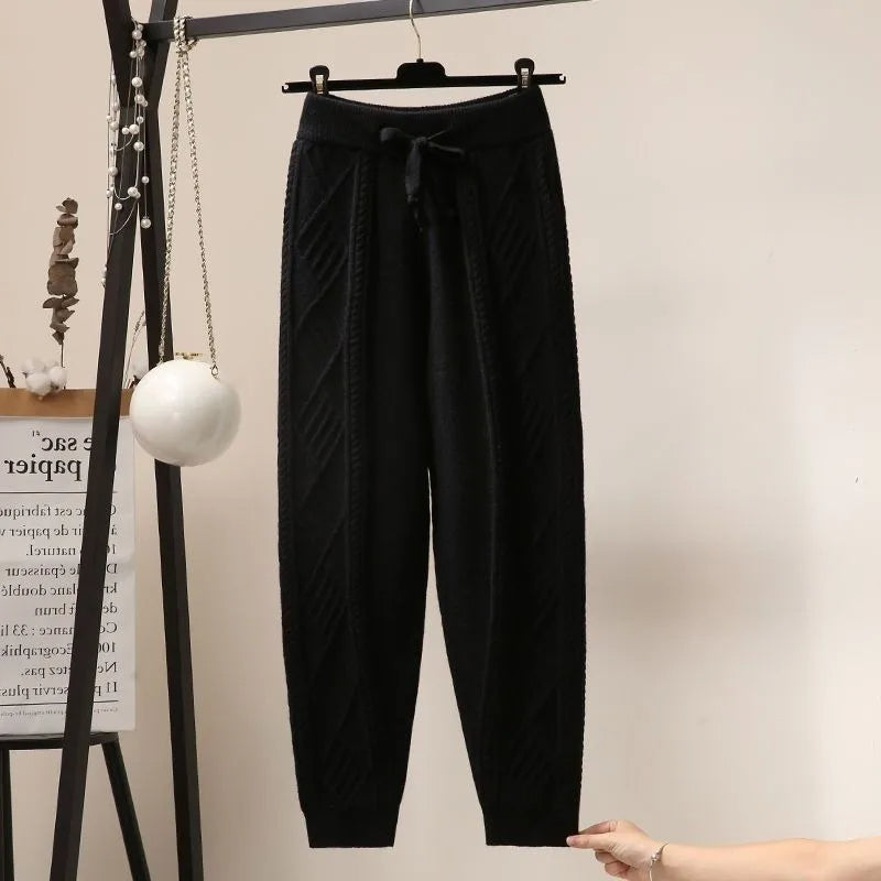 Liora Women’s Knit Joggers – Diamond Cable Knit Pants with Adjustable Waist
