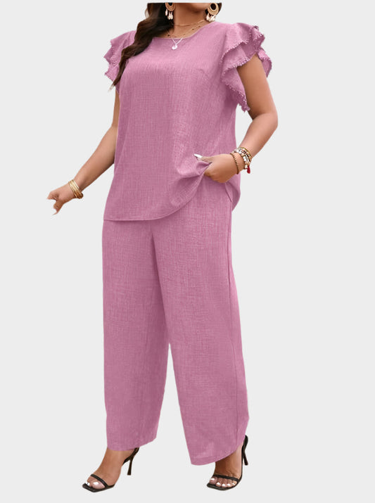 Freya Women’s Linen Lounge Set – Wide-Leg Trousers & Ruffle Sleeve Blouse