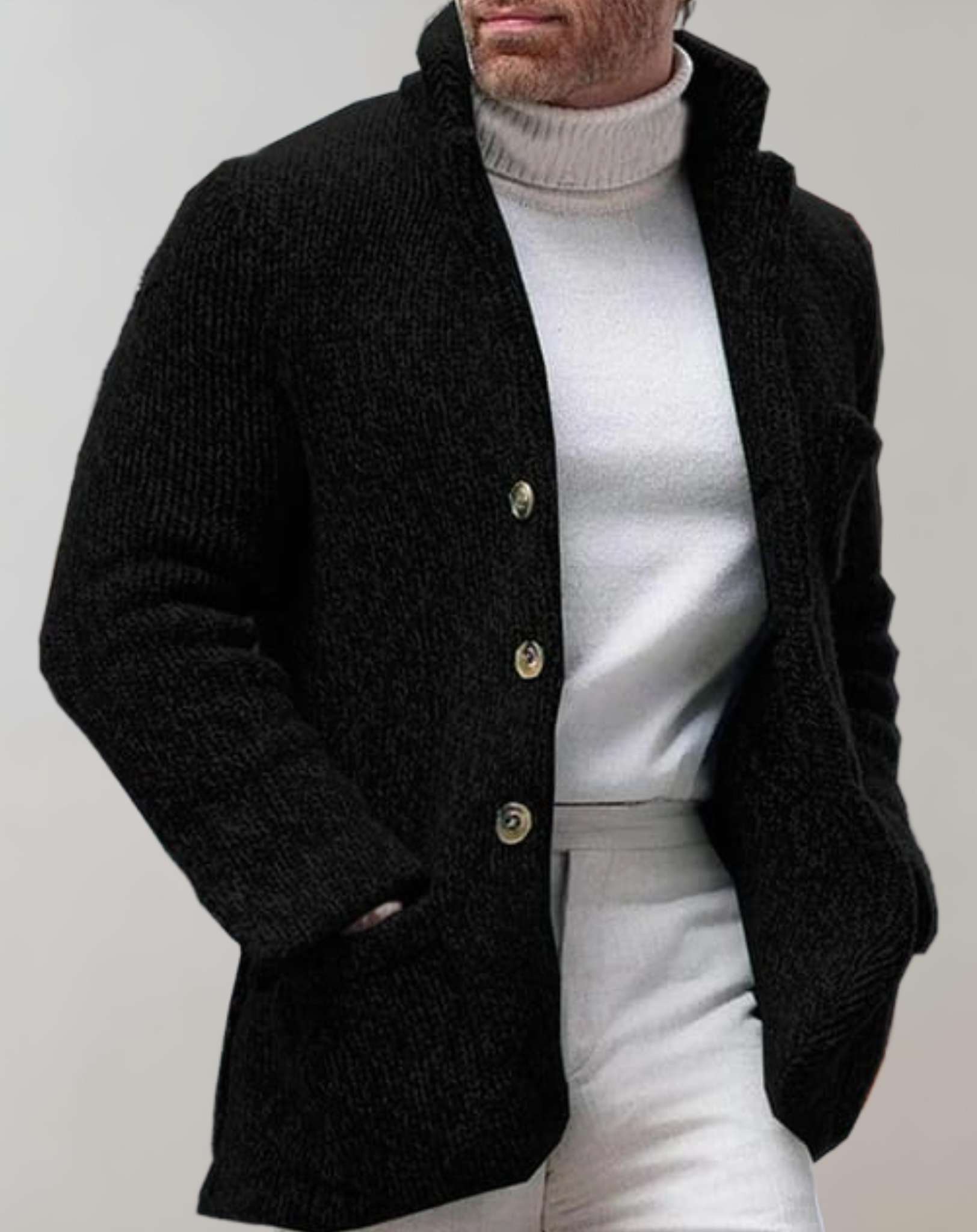 Orlando Men’s Cardigan – Chunky Knit with Standing Collar & Patch Pockets