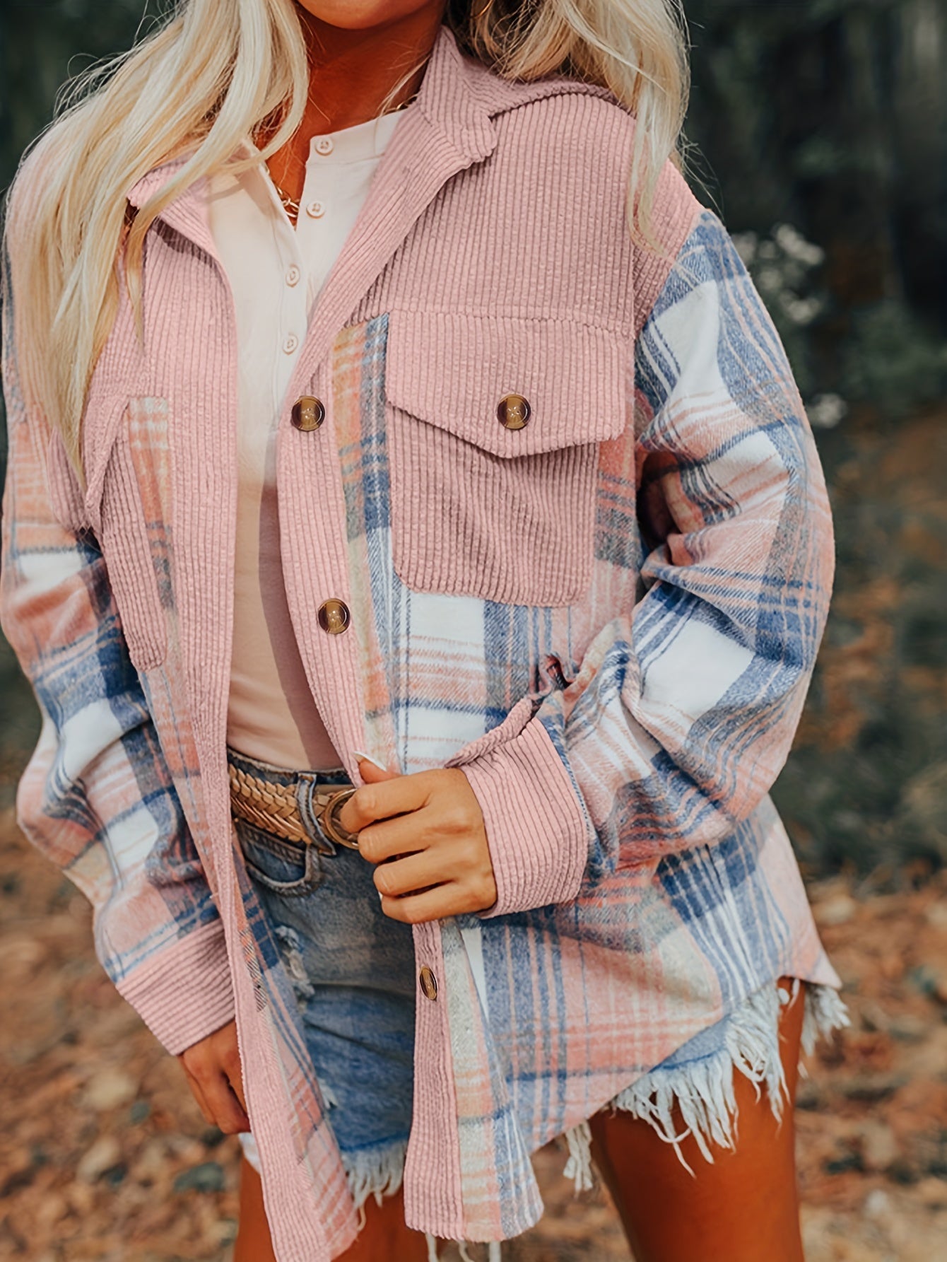 Myra Women’s Plaid Shacket – Brushed Fabric with Corduroy Collar