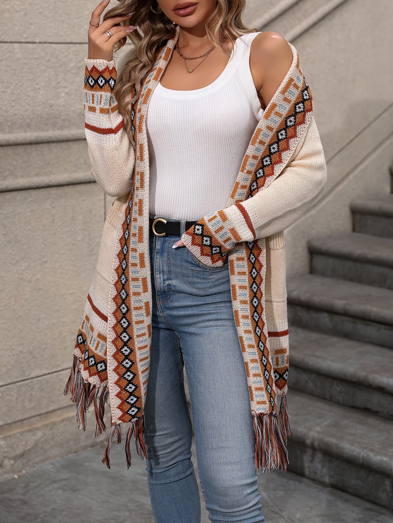 Maribel Women’s Knit Cardigan – Longline Fringe Boho Sweater