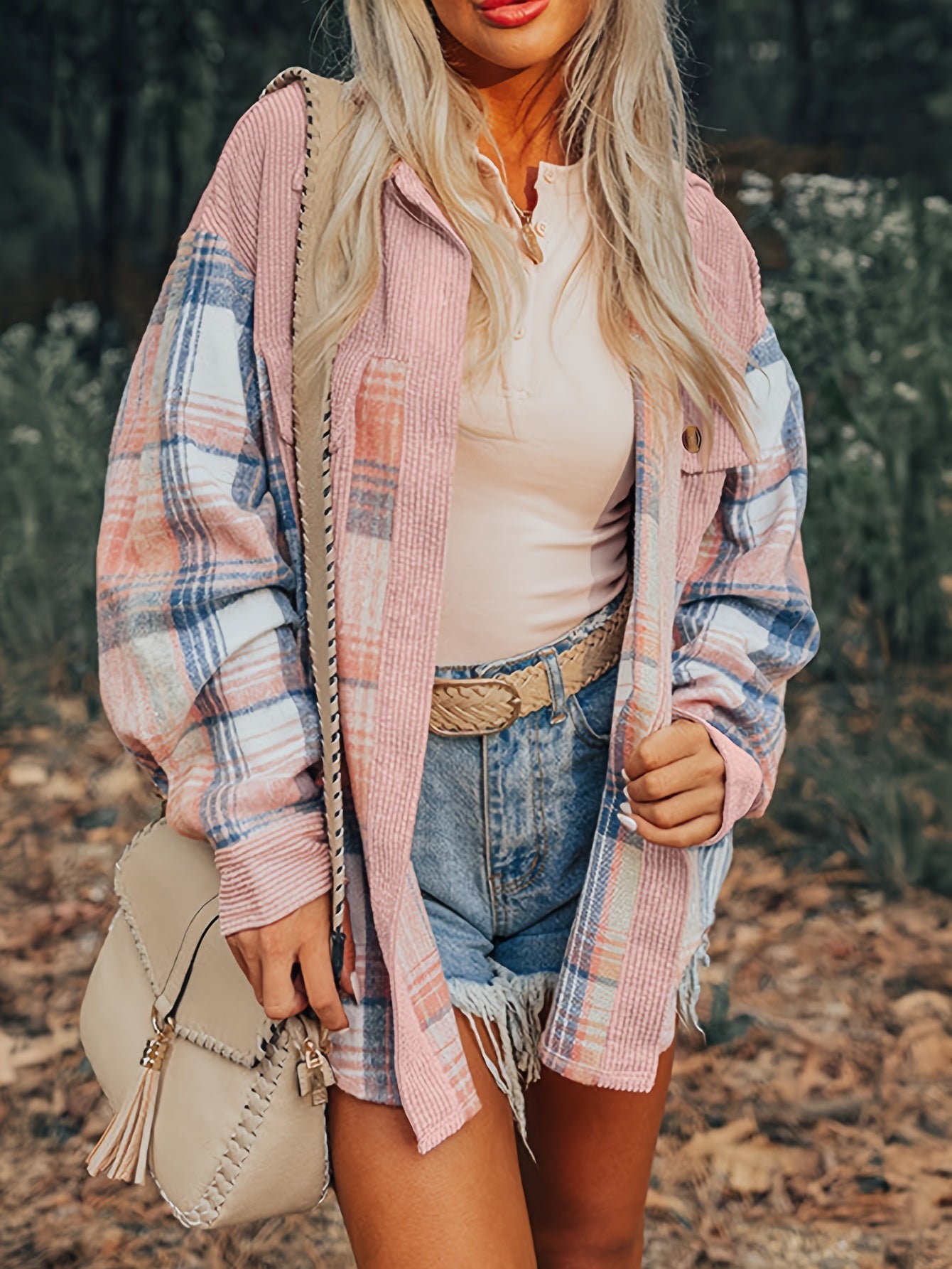 Myra Women’s Plaid Shacket – Brushed Fabric with Corduroy Collar