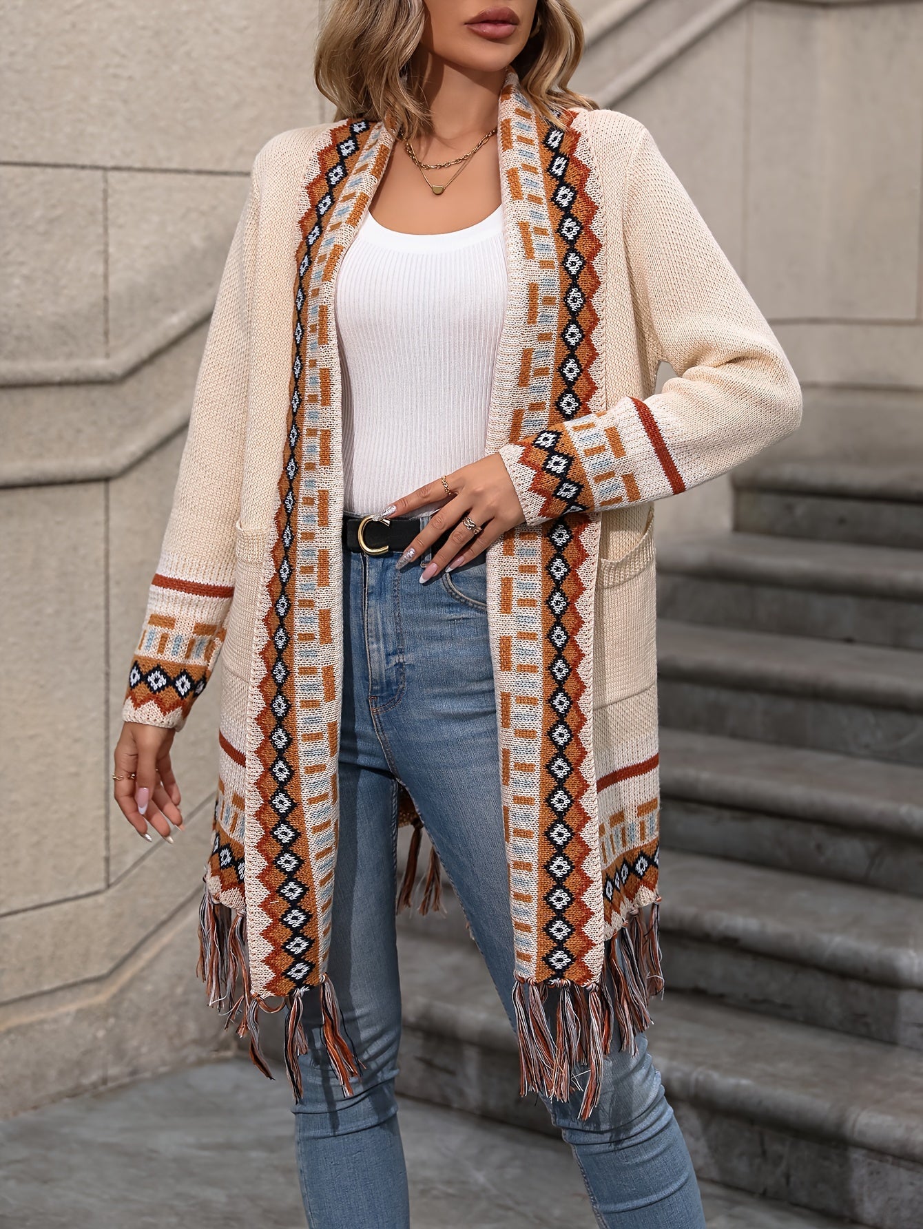Maribel Women’s Knit Cardigan – Longline Fringe Boho Sweater