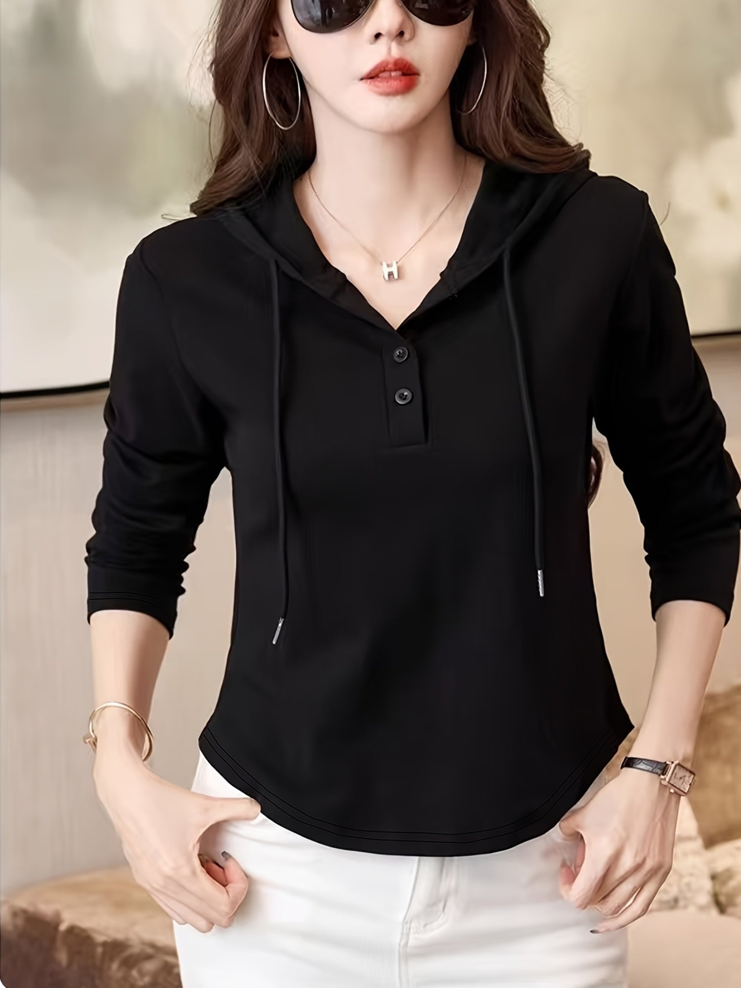 Cassie Women's Henley Hoodie – Soft Cotton-Blend Slim Fit Pullover