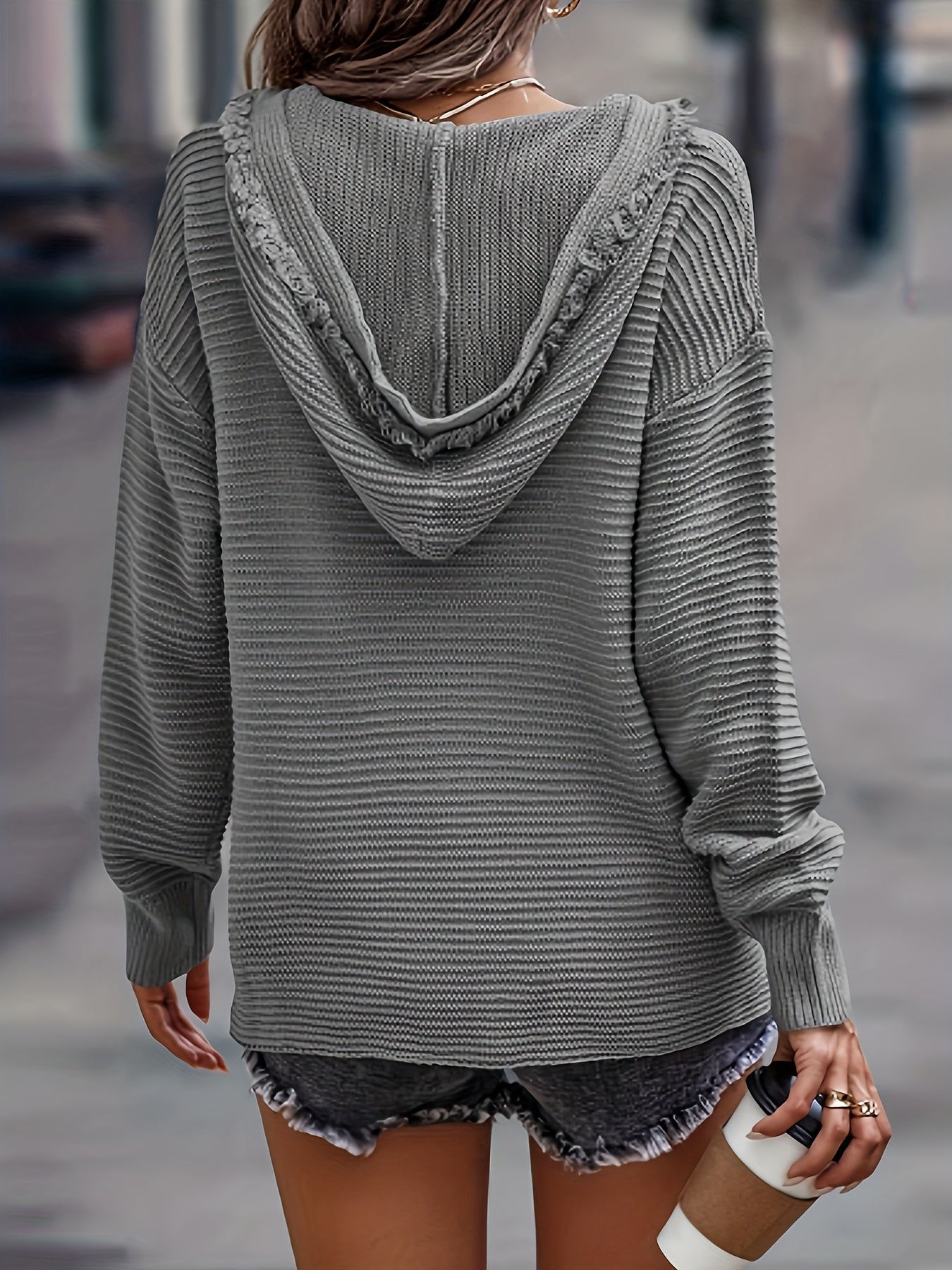 Livia Women’s Hooded Knit Sweater – Ribbed Waffle Cotton Oversized Fit