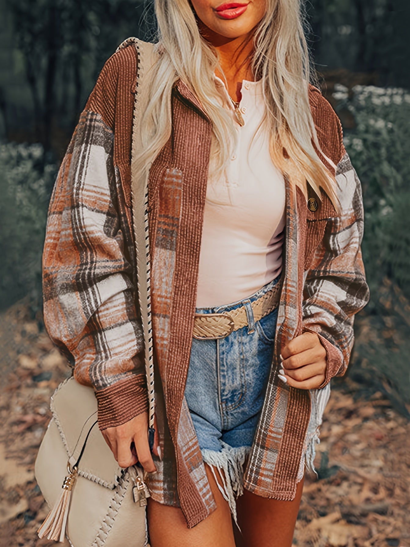 Myra Women’s Plaid Shacket – Brushed Fabric with Corduroy Collar