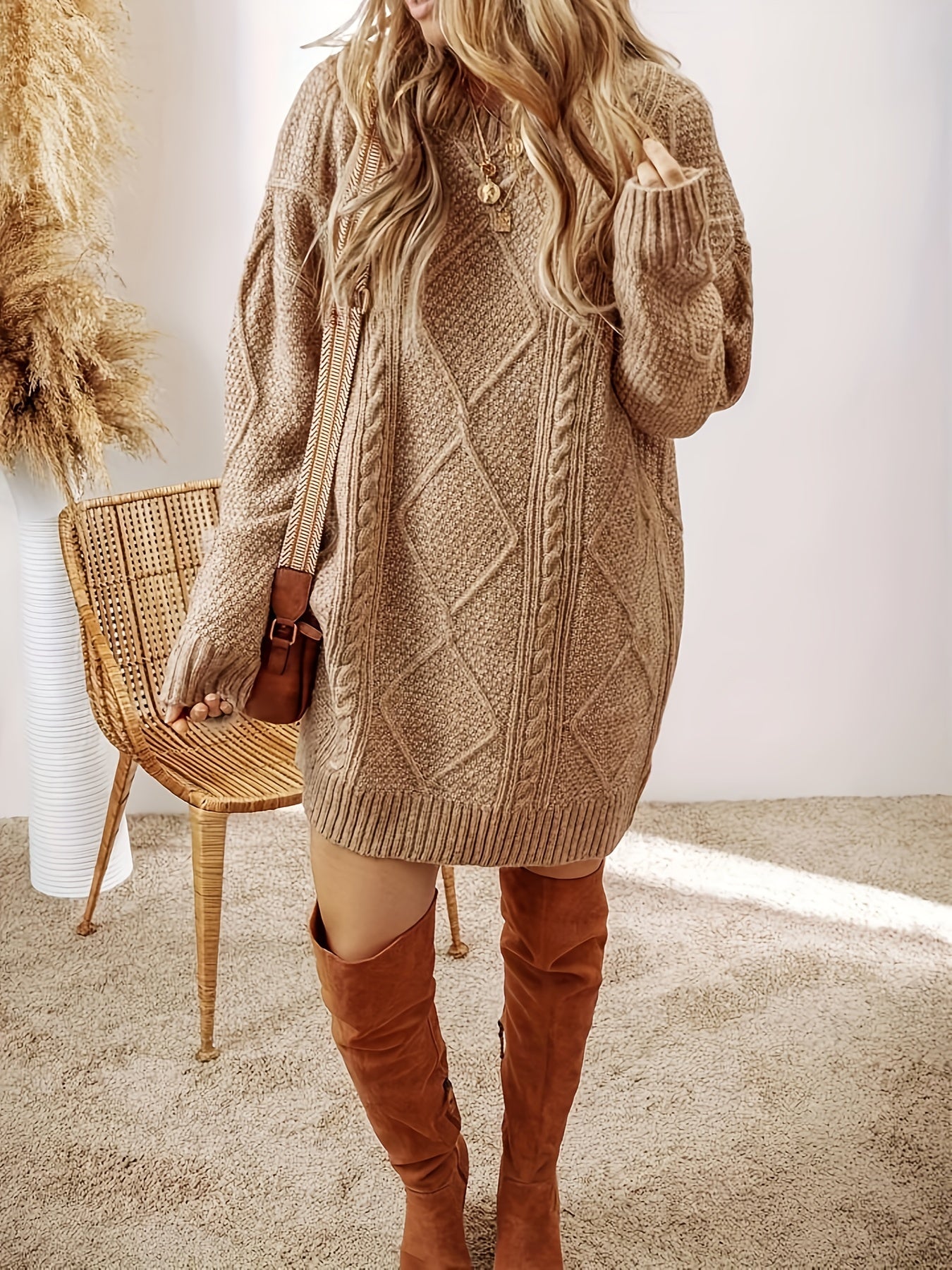 Juliette Women’s Cable Knit Sweater Dress – Cotton-Blend Oversized Jumper