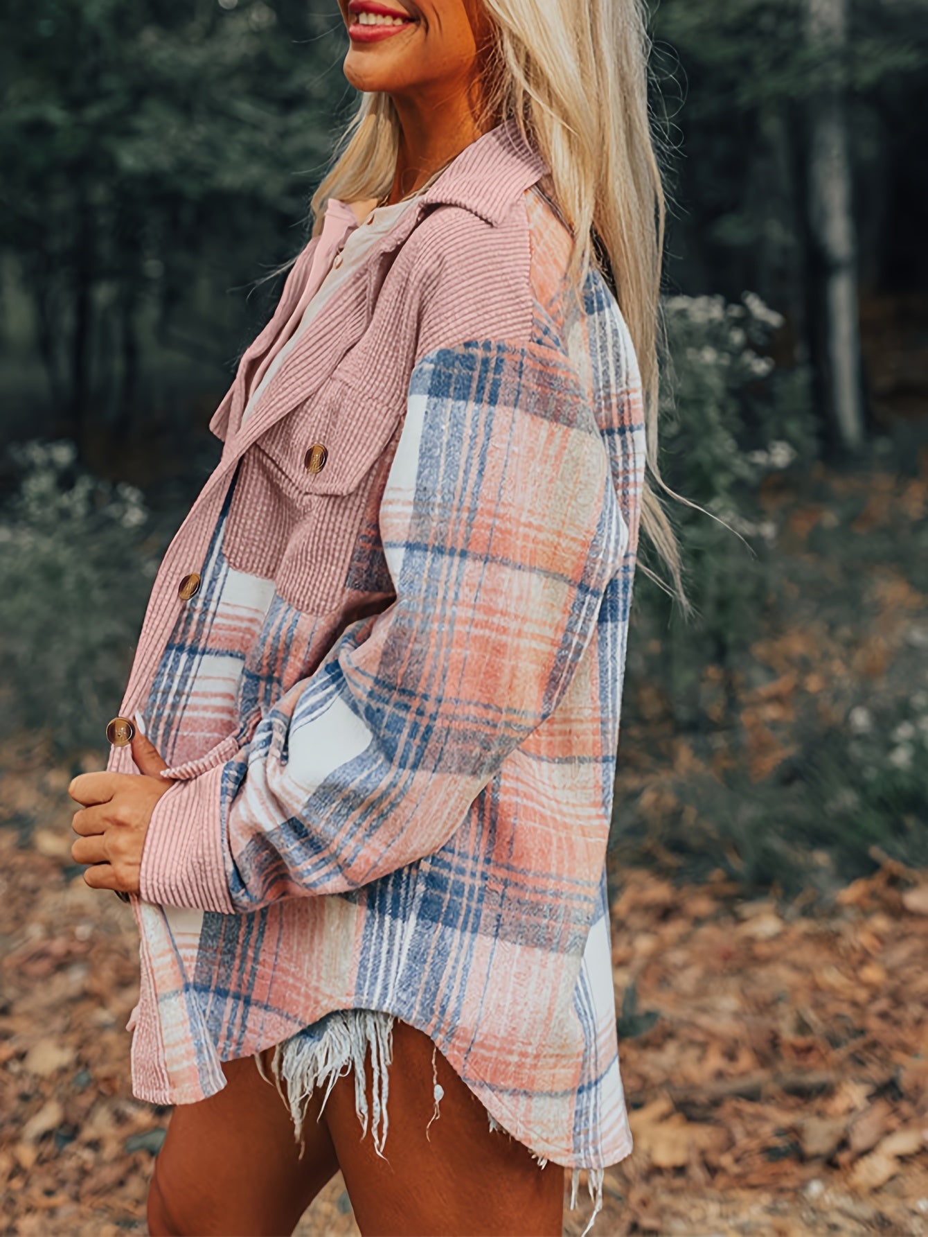 Myra Women’s Plaid Shacket – Brushed Fabric with Corduroy Collar