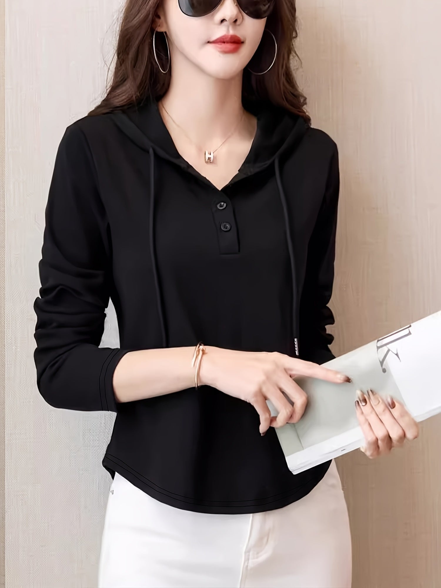 Cassie Women's Henley Hoodie – Soft Cotton-Blend Slim Fit Pullover