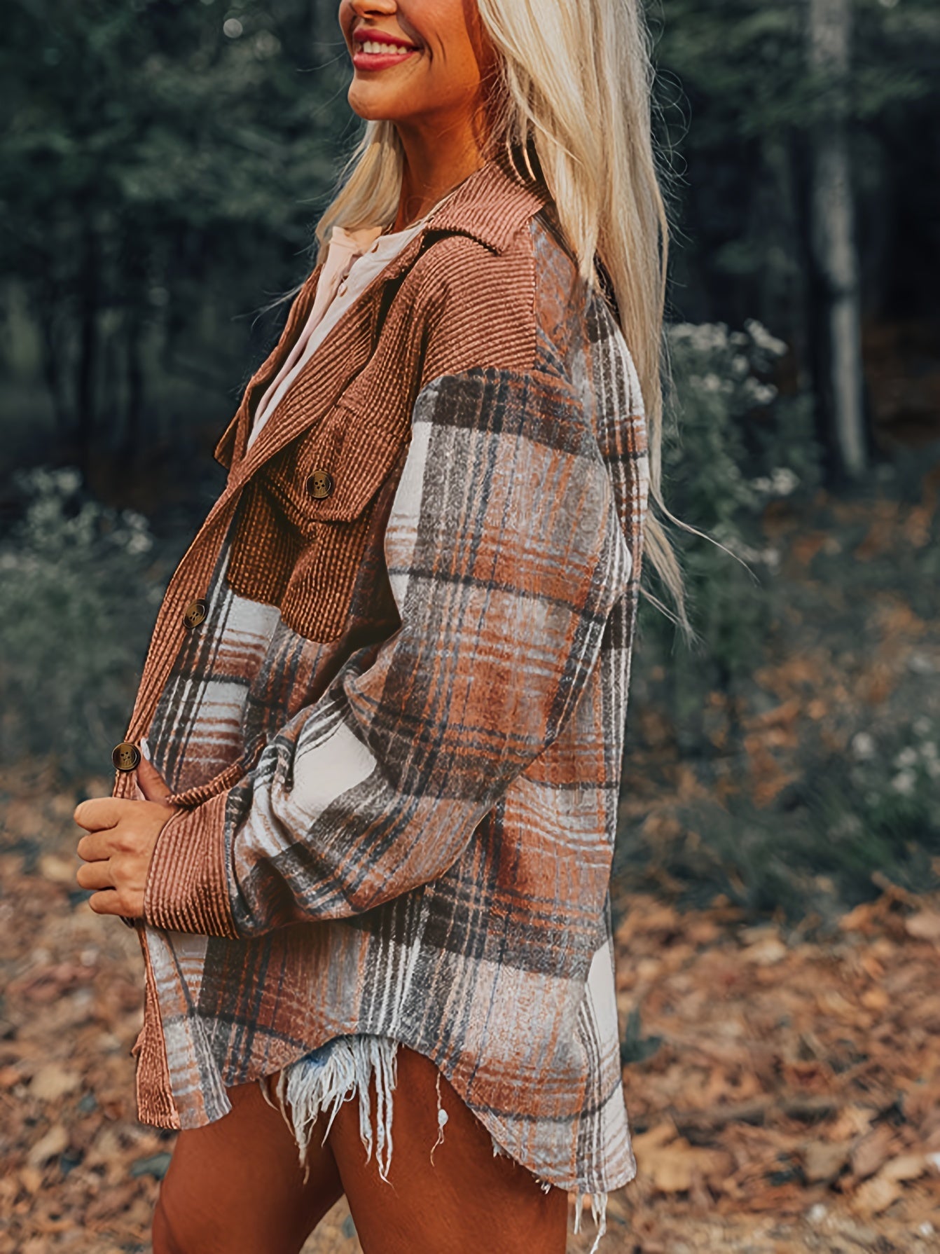 Myra Women’s Plaid Shacket – Brushed Fabric with Corduroy Collar