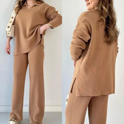 Nadia Women’s Knit Lounge Set – Waffle Knit Sweater & Drawstring Pants