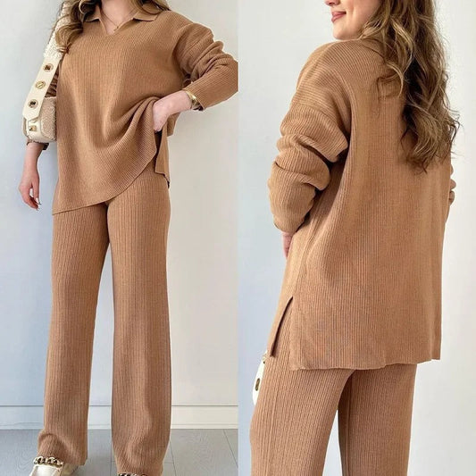 Nadia Women’s Knit Lounge Set – Waffle Knit Sweater & Drawstring Pants