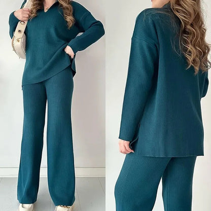 Nadia Women’s Knit Lounge Set – Waffle Knit Sweater & Drawstring Pants