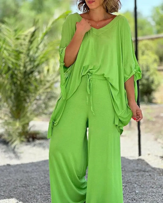 Nora Lounge Set – Soft Drape V-Neck Co-ord for Workdays & Weekend Ease