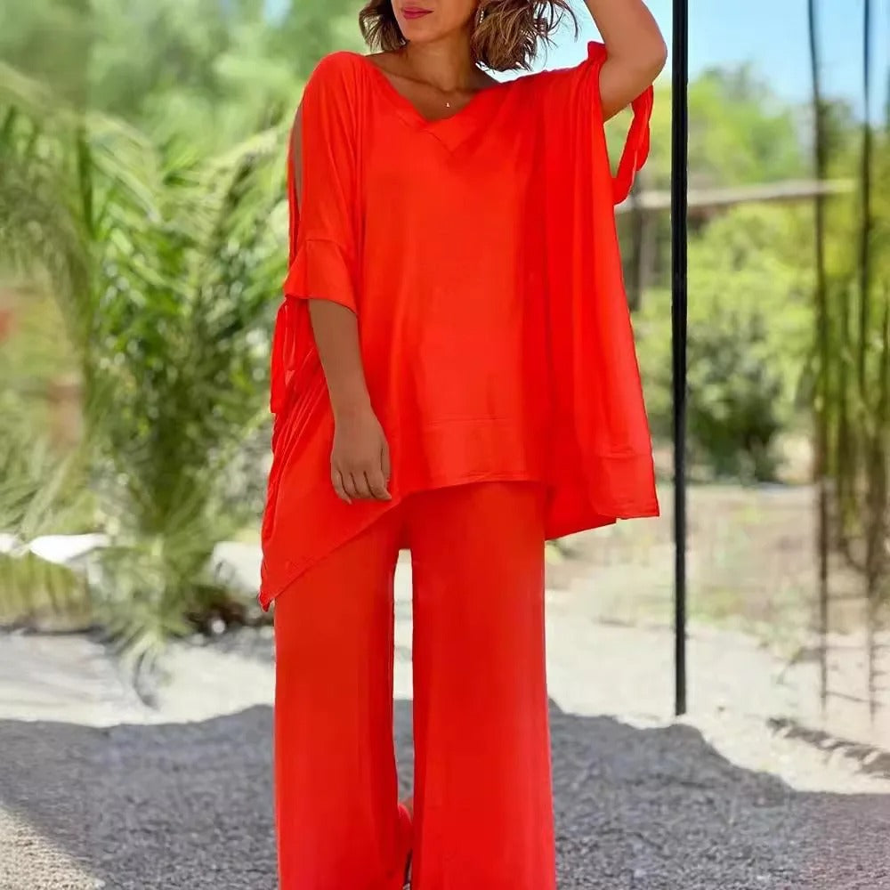 Nora Lounge Set – V-Neck Top & Wide-Leg Trousers, Relaxed Fit