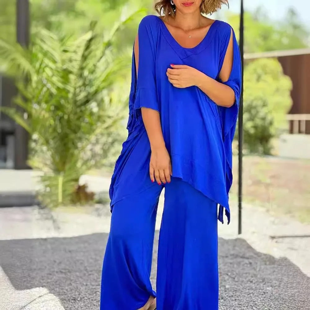 Nora Lounge Set – V-Neck Top & Wide-Leg Trousers, Relaxed Fit