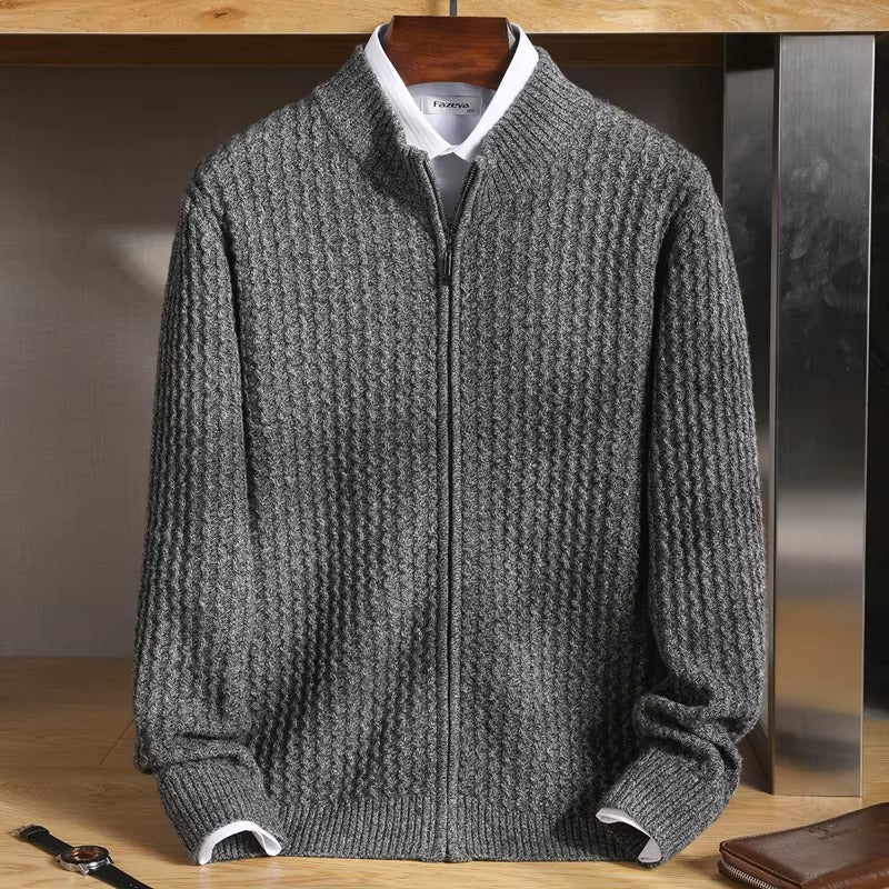 Mauricio Men’s Merino Wool Sweater – Full-Zip Waffle Knit Layer