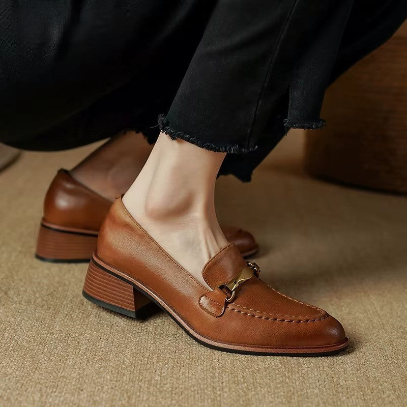 Camilla Women's Heeled Leather Loafers – Gold Horsebit Detail