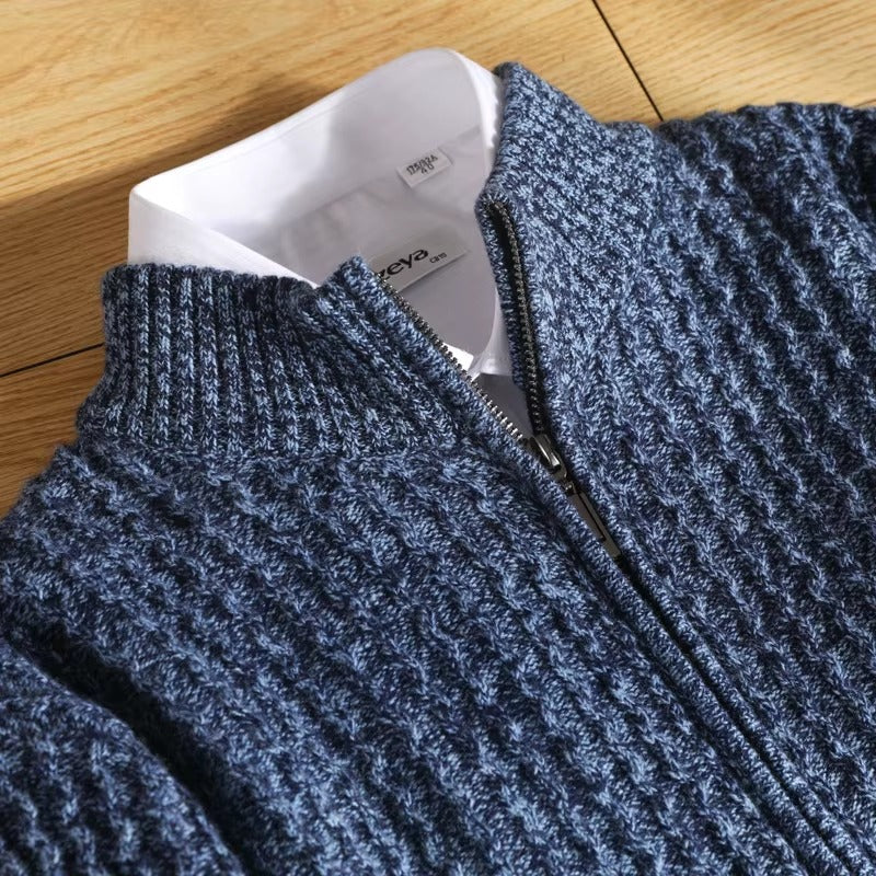 Mauricio Men’s Merino Wool Sweater – Full-Zip Waffle Knit Layer