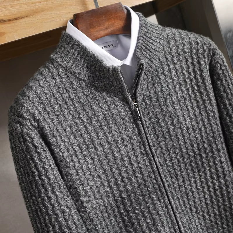 Mauricio Men’s Merino Wool Sweater – Full-Zip Waffle Knit Layer