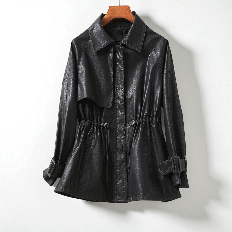 Elara Women’s Leather Jacket – Genuine Leather with Cinched Waist & Belted Cuffs