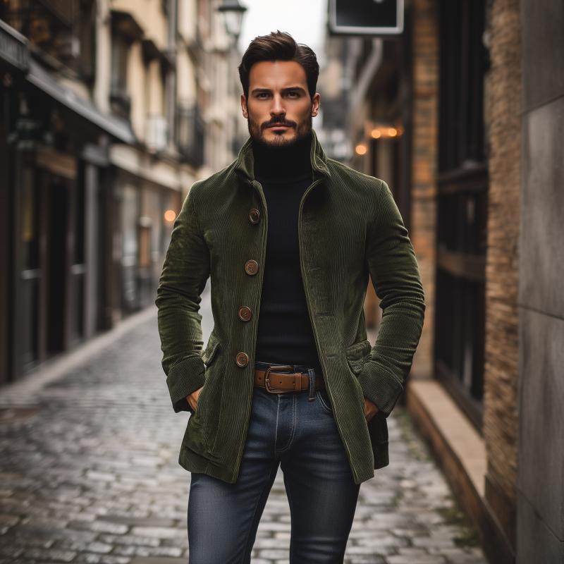 Sebastian Men’s Corduroy Short Coat – Stand Collar Slim Fit Outerwear