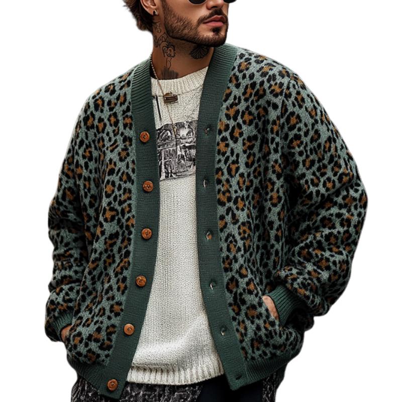 Halden Men’s Cardigan – Jacquard Leopard Relaxed Fit Sweater