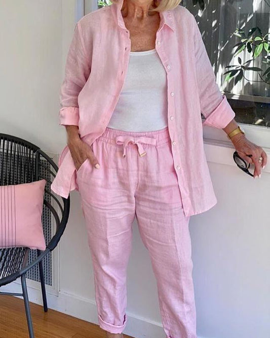 Hira Women’s Linen Set – Long Sleeve Button Shirt & Drawstring Pants