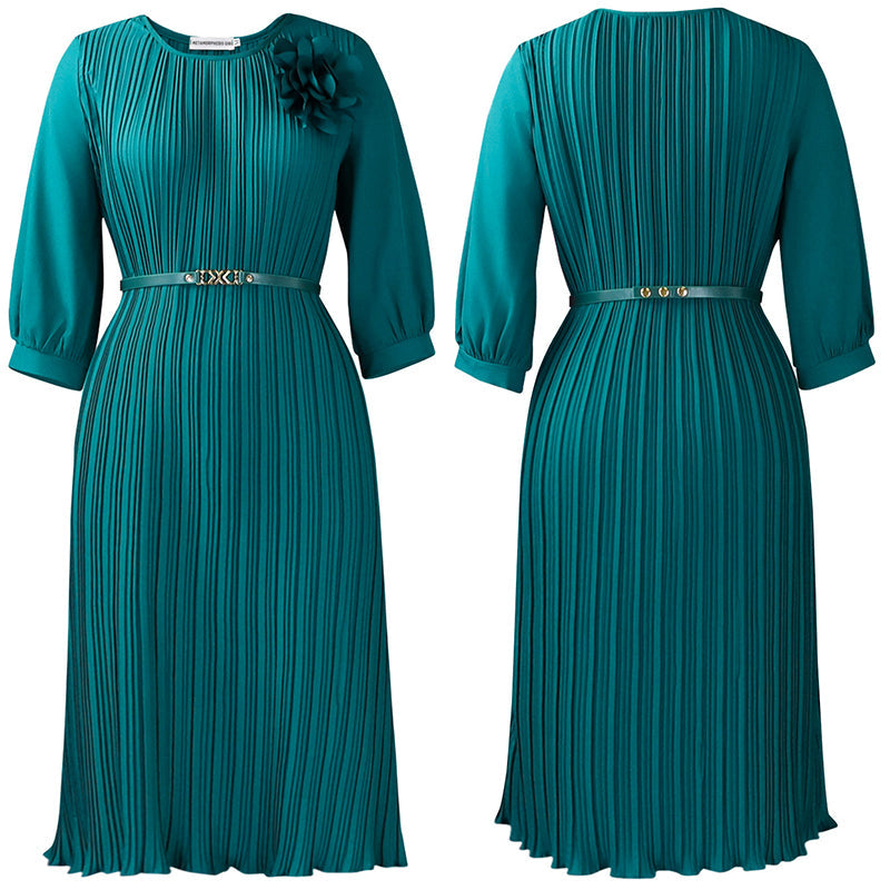 Selene Soft Pleated Belted Midi Dress – Elegant Versatile Day-to-Night Dress