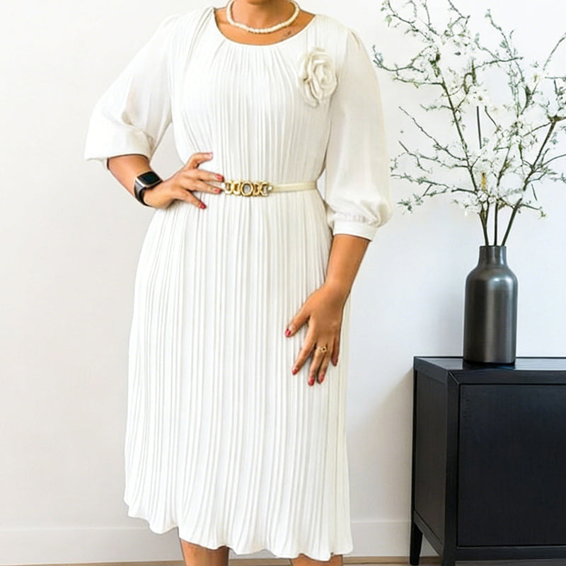 Selene Soft Pleated Belted Midi Dress – Elegant Versatile Day-to-Night Dress