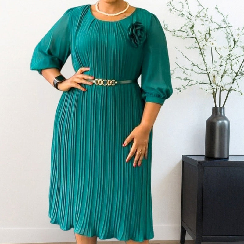 Selene Soft Pleated Belted Midi Dress – Elegant Versatile Day-to-Night Dress