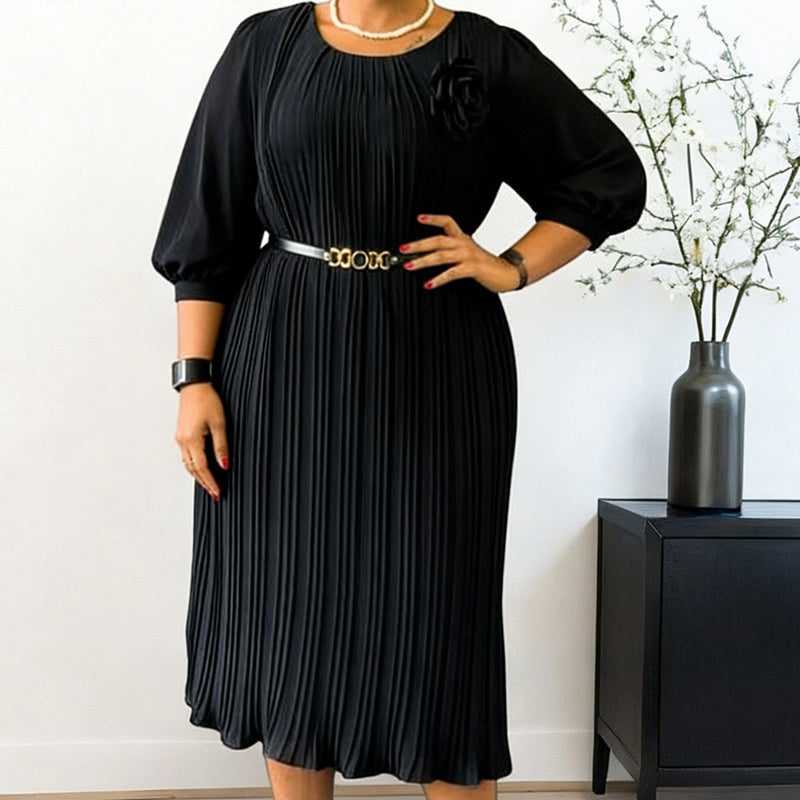 Selene Soft Pleated Belted Midi Dress – Elegant Versatile Day-to-Night Dress