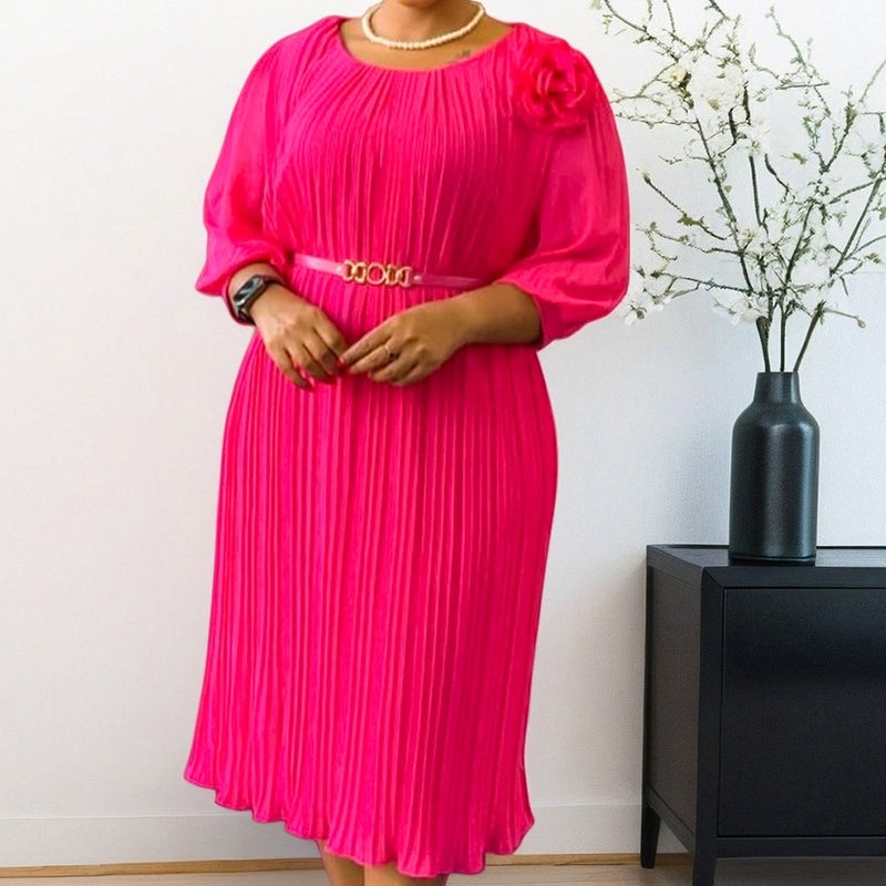 Selene Soft Pleated Belted Midi Dress – Elegant Versatile Day-to-Night Dress