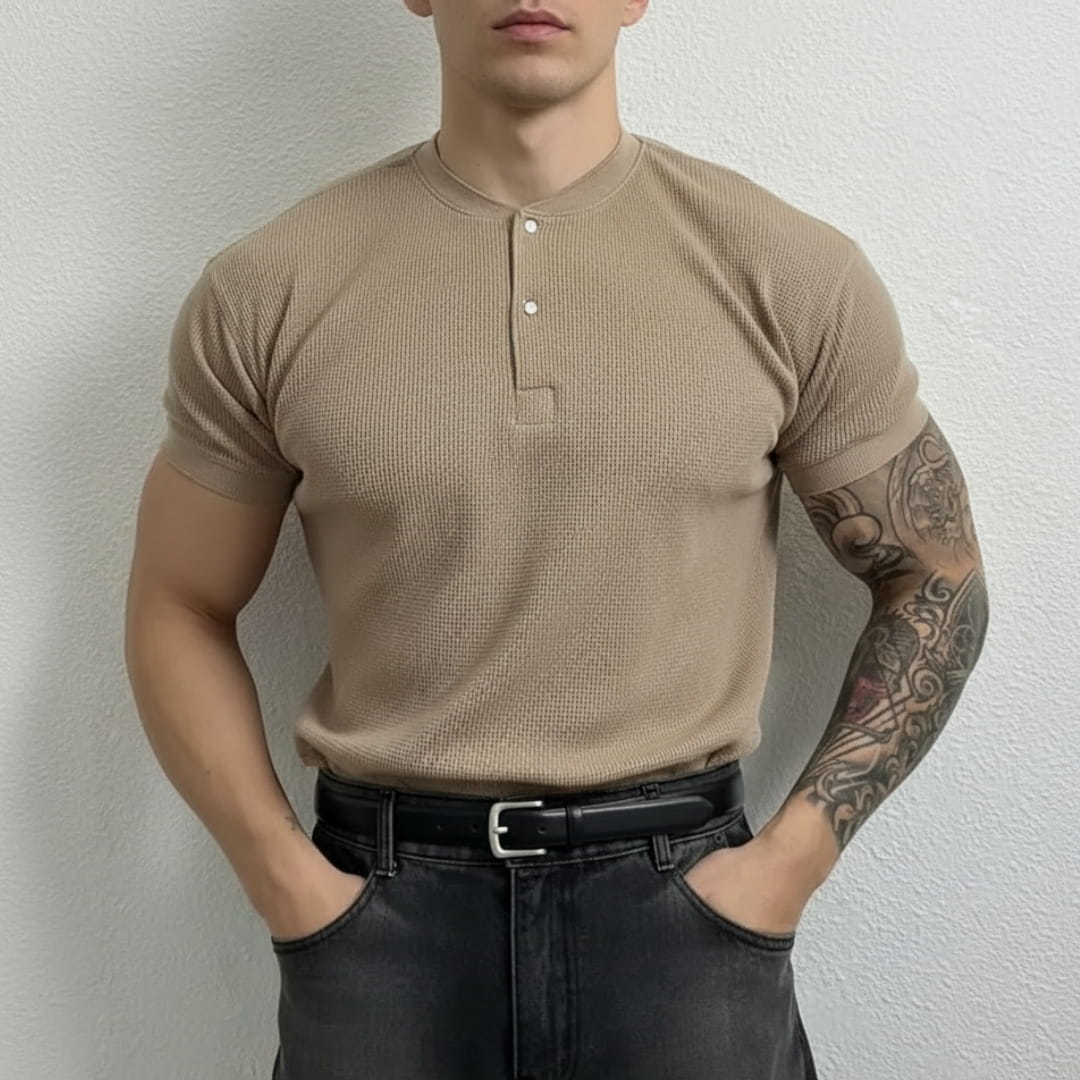 Colton Cotton Waffle Henley Polo Shirt — Textured Modern Casual Top