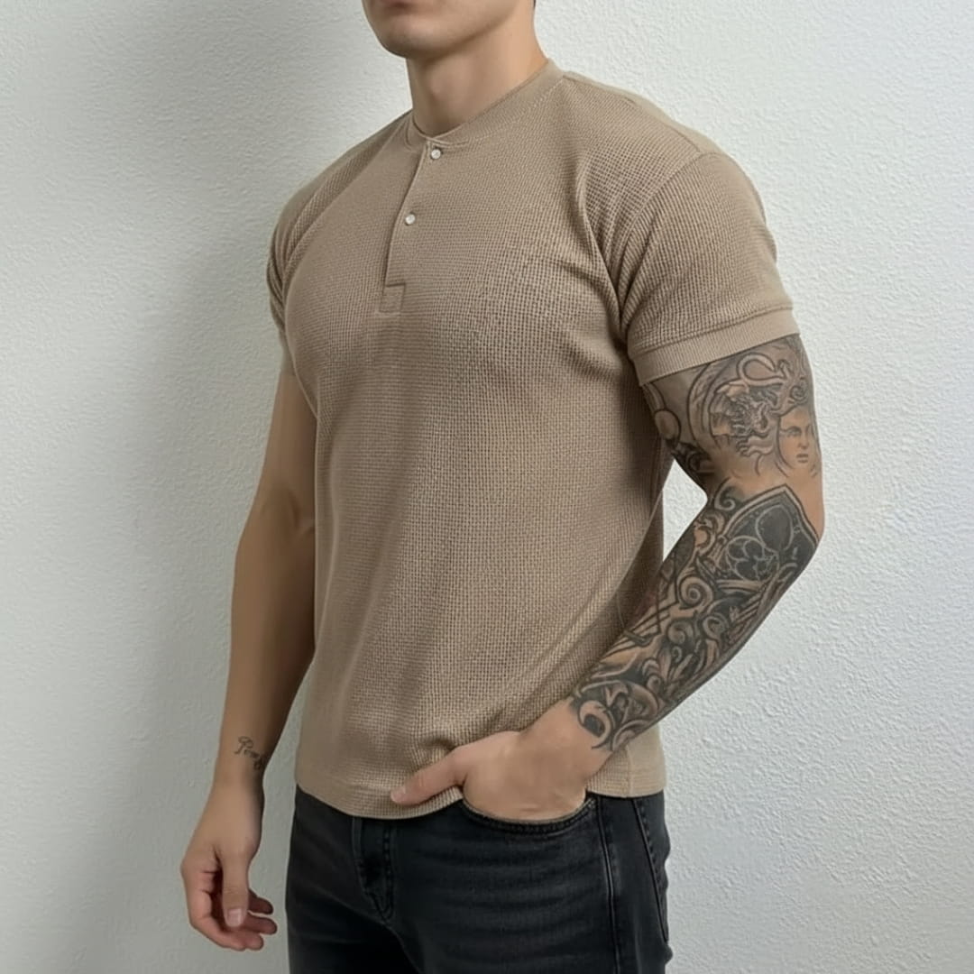 Colton Cotton Waffle Henley Polo Shirt — Textured Modern Casual Top
