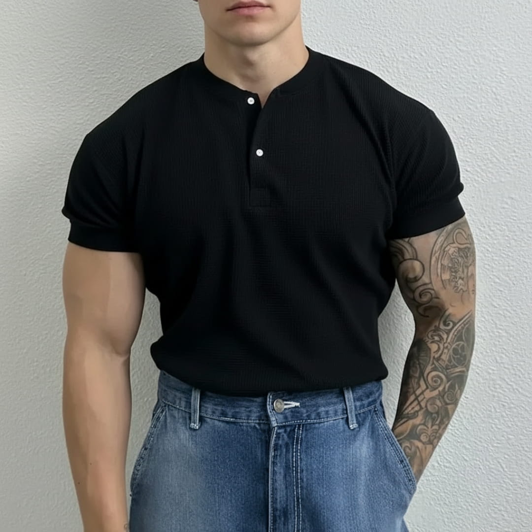 Colton Cotton Waffle Henley Polo Shirt — Textured Modern Casual Top