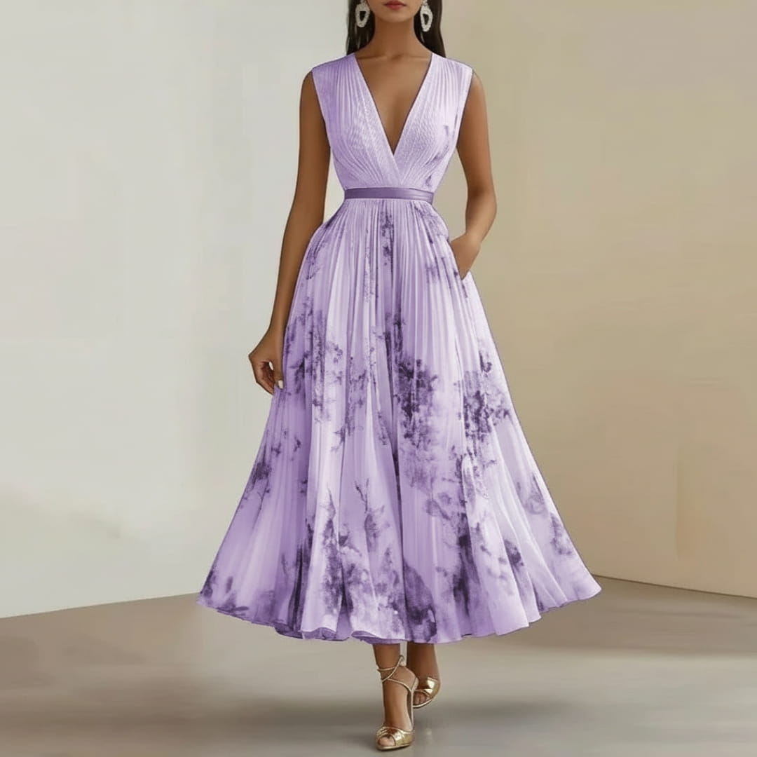 Isabella Pleated Floral Maxi Dress – V-Neck Elegant Occasion Style
