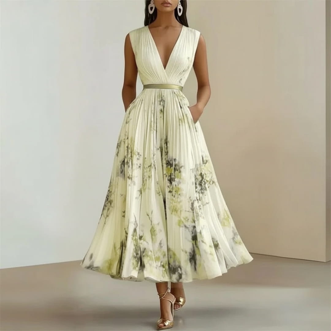 Isabella Pleated Floral Maxi Dress – V-Neck Elegant Occasion Style