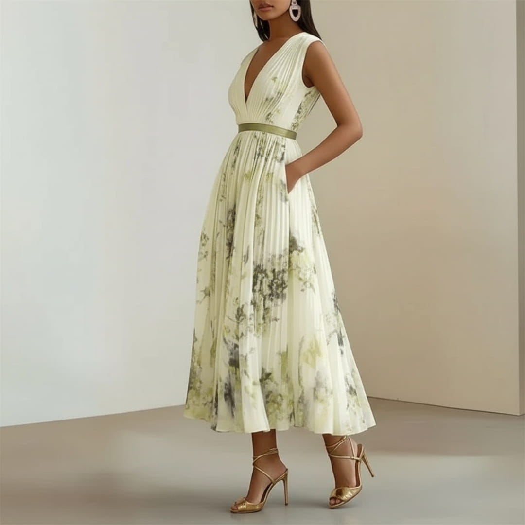 Isabella Pleated Floral Maxi Dress – V-Neck Elegant Occasion Style