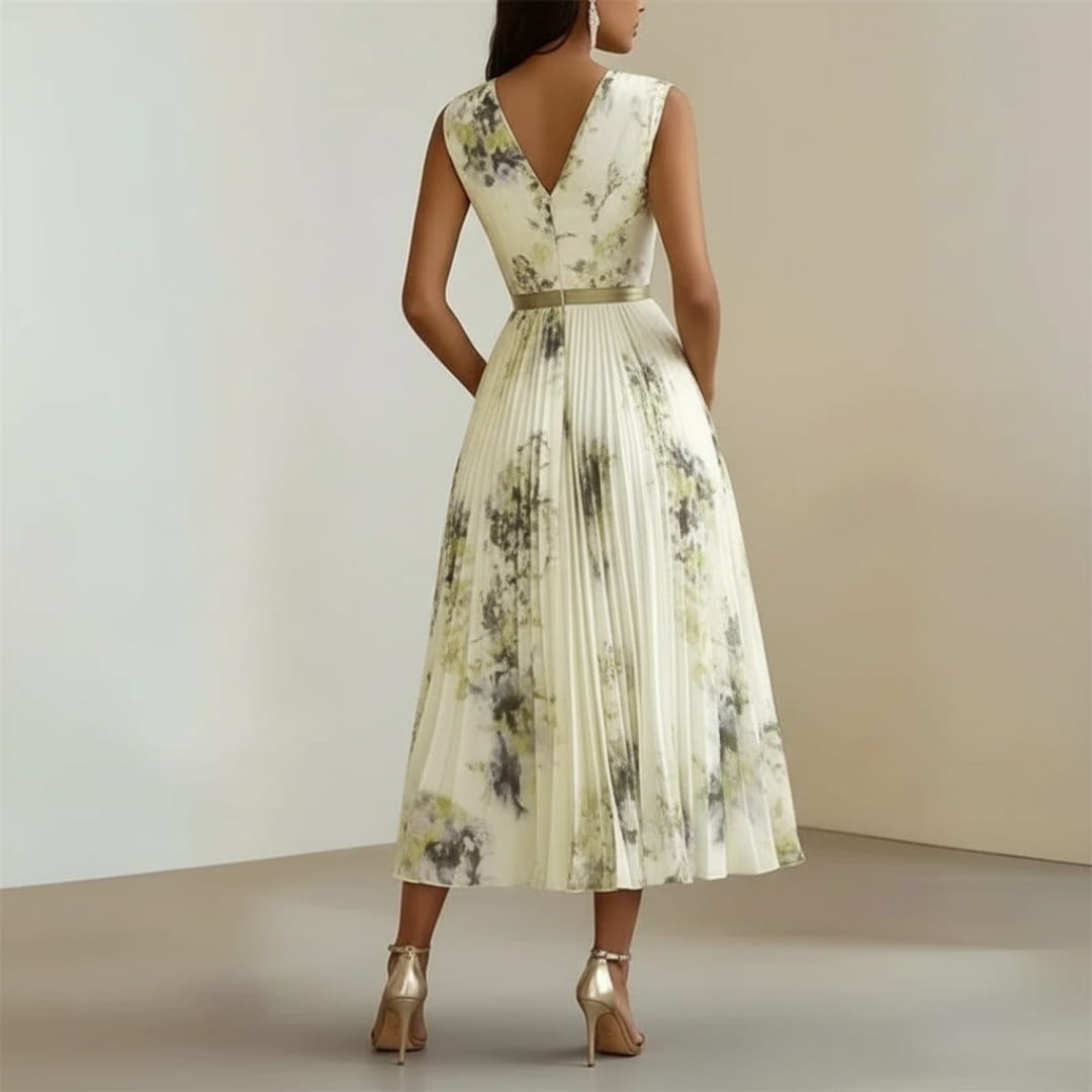 Isabella Pleated Floral Maxi Dress – V-Neck Elegant Occasion Style