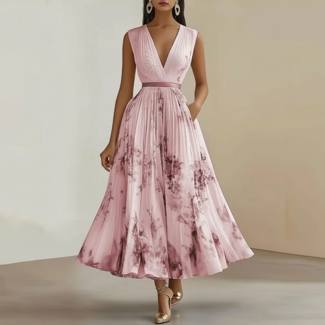 Isabella Pleated Floral Maxi Dress – V-Neck Elegant Occasion Style