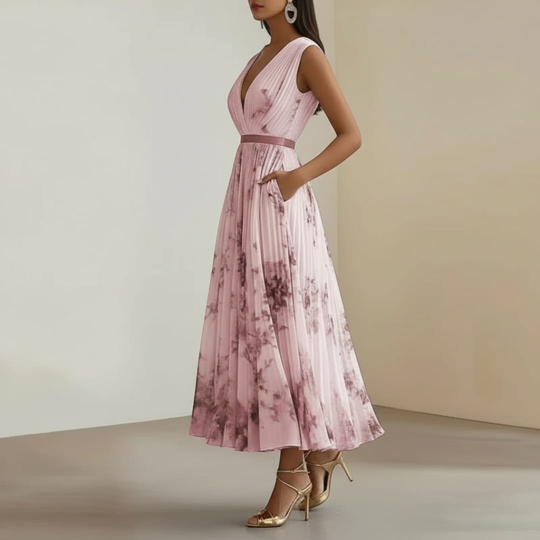 Isabella Pleated Floral Maxi Dress – V-Neck Elegant Occasion Style